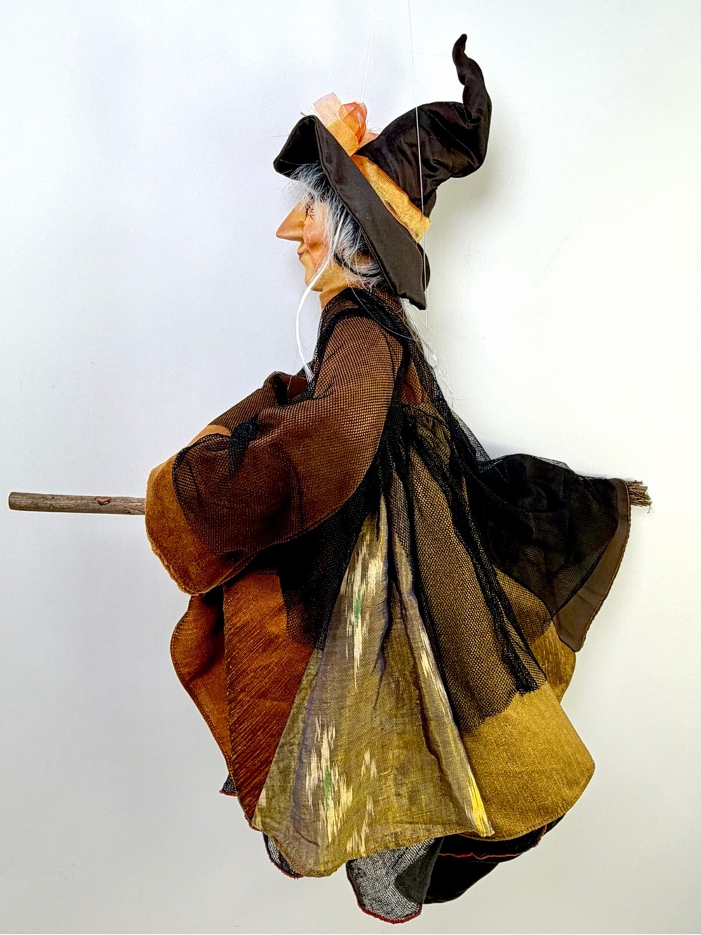 Kasma Flying Witch Doll Hanging Halloween Decor Porcelain Face Broom Vintage - Picture 6 of 14